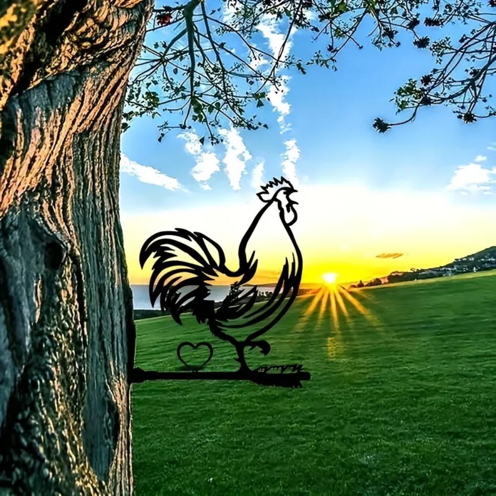 HelloYoung Elegant Rooster: Steel Silhouette Wall Art.Charming Rooster On Branch: Metal Wall Art for Home & Garden.