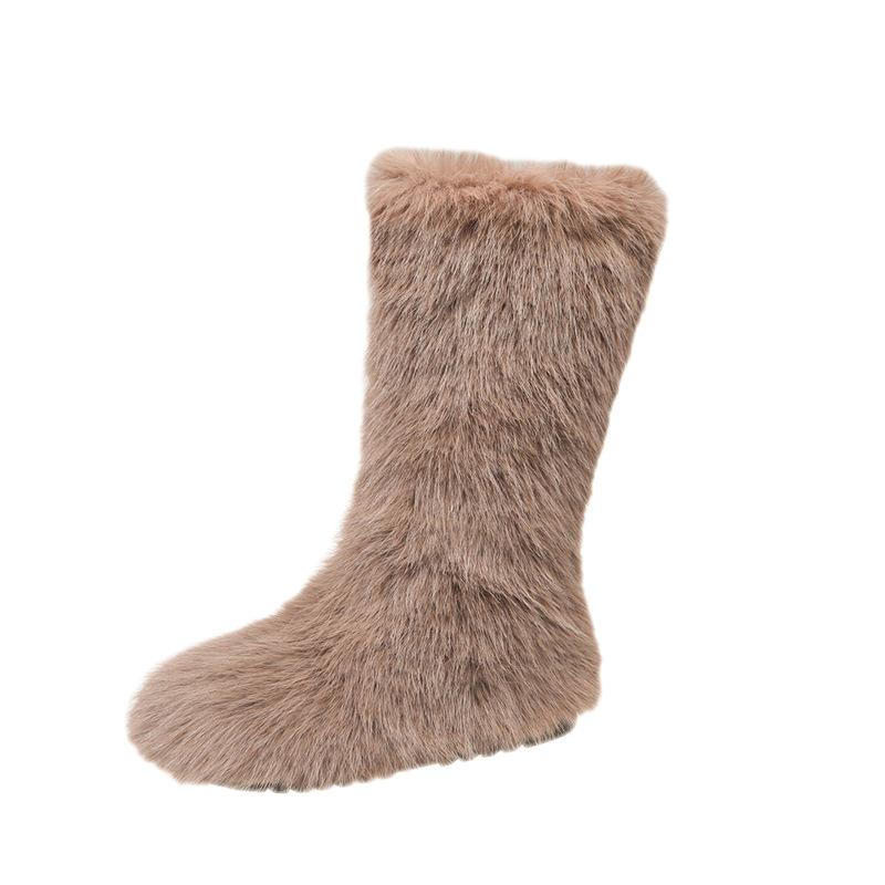 Winter New Women's Faux Fur Furry Snow High Boots Warm Padded Round Toe Casual Shoes Solid Fluffy Mid-Calf Booties for Women