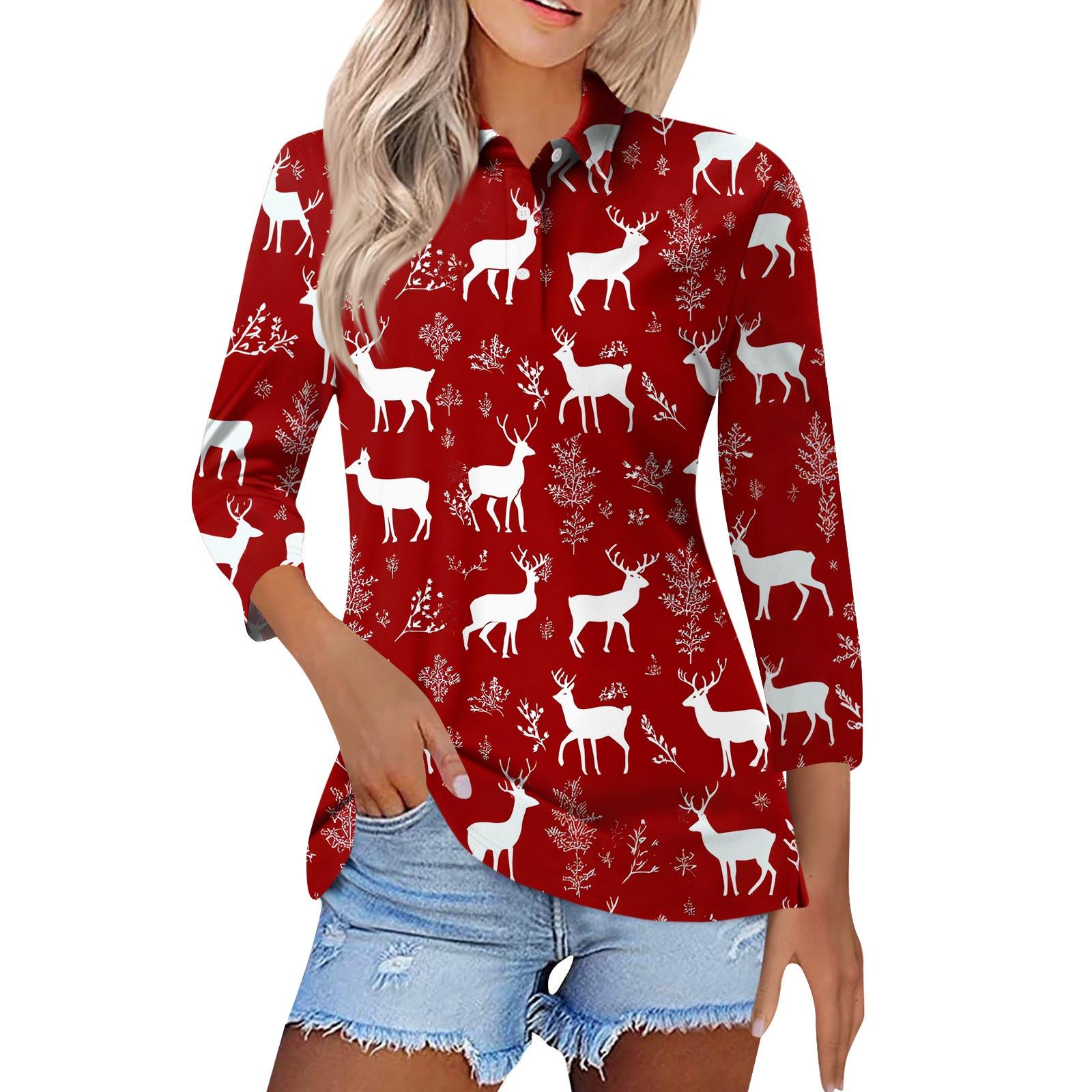 

Women s Fashion Casual Lapel Short 3/4 Sleeve Christmas Print Shirt Women s Button Up Tops S