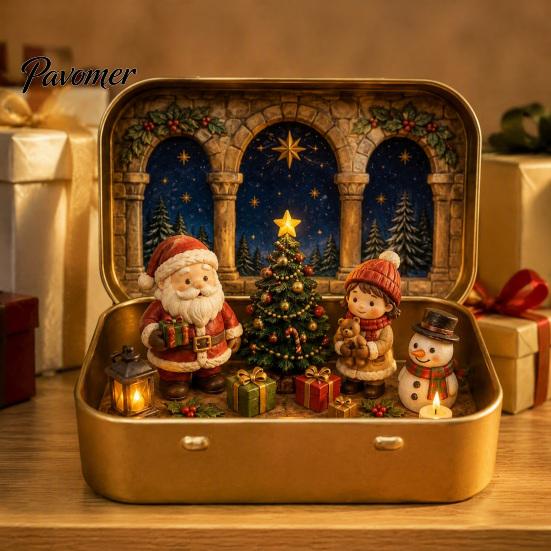 Micro Paesaggio Natalizio da Tavolo Mini Set in Scatola di Latta, Scena Festiva Formato Tascabile Scatola Presepio Portatile con Figure in Miniatura, da Collezione