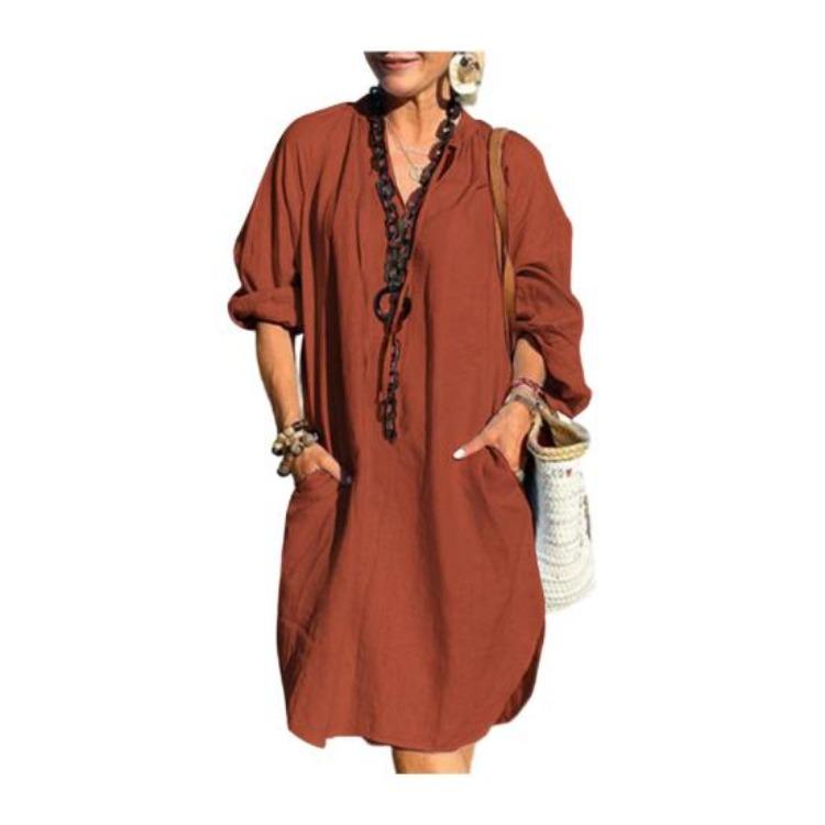 

Summer Boho Casual Cotton Linen Dress Long Sleeve V Neck Loose Beach Vacation Sundress for Women S коричневый