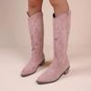 Embroidered Western Cowboy Boots for Women Autumn Pointed Toe Thick Heel High Knee Boots Woman Loose PU Leather Long Botas Mujer