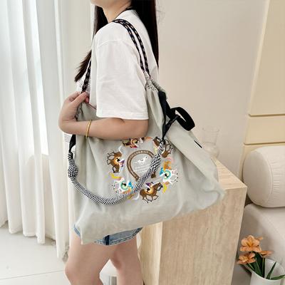 Sac de courses écologique Broderie délicate sac de courses en nylon imperméable Sac à bandoulière portable pour femme