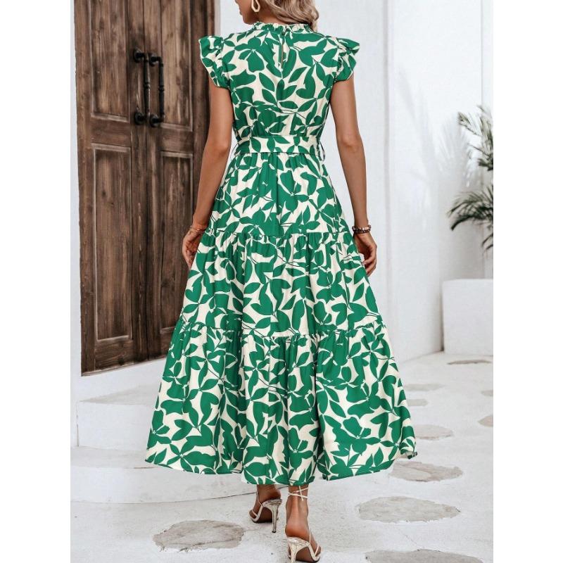 VEZFAA Damenmode Sommer Frühling Blumenmuster Druck Kurzarm Halber Rollkragen Hohe Taille Freizeitkleider