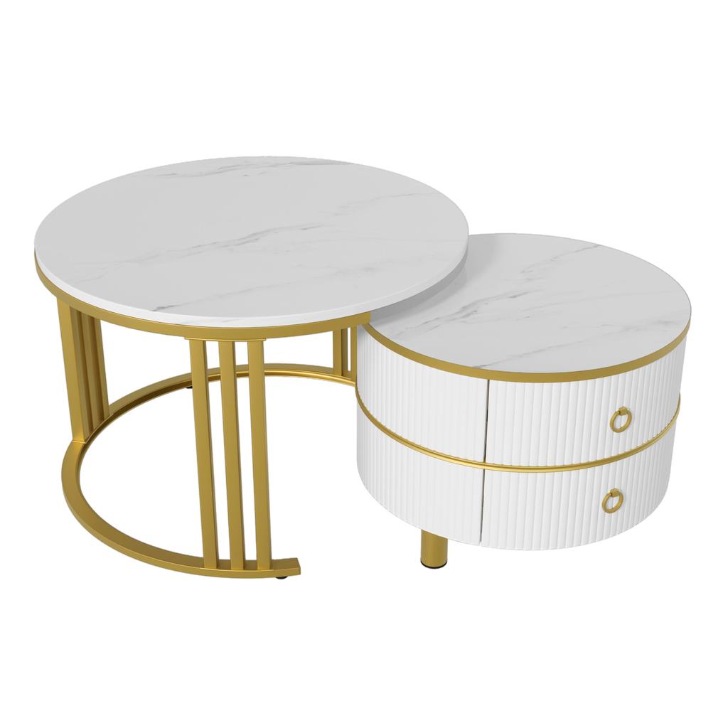 2-in-1 Runder MDF-Couchtisch, Beistelltisch mit glänzender Oberfläche und weißer Marmorplatte, Wohnzimmertisch-Kombination mit 2 Schubladen, 70*70*46 + 50*50*40 cm