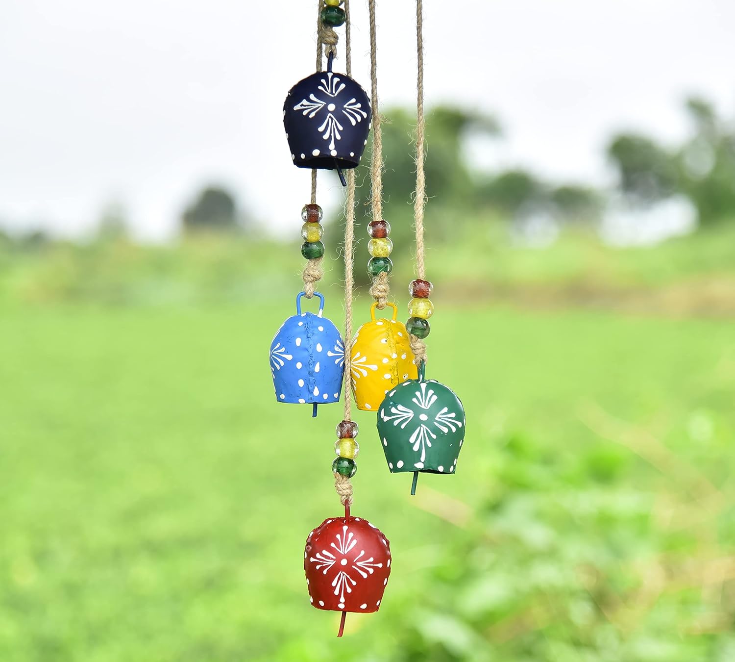 

32 Inch Hand-Painted Metal Wind Chime with Cowbells, Vintage Christmas and Boho Door Decor, Melodic Rustic Hanging Bells for Garden