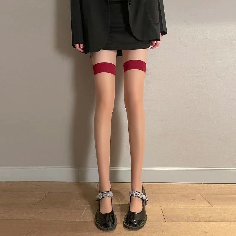 Sex Stockings, Stockings Over the Knee Socks, Red Edge Color Matching, Black Silk Sexy Women's Ultra-thin Bottom Socks HB