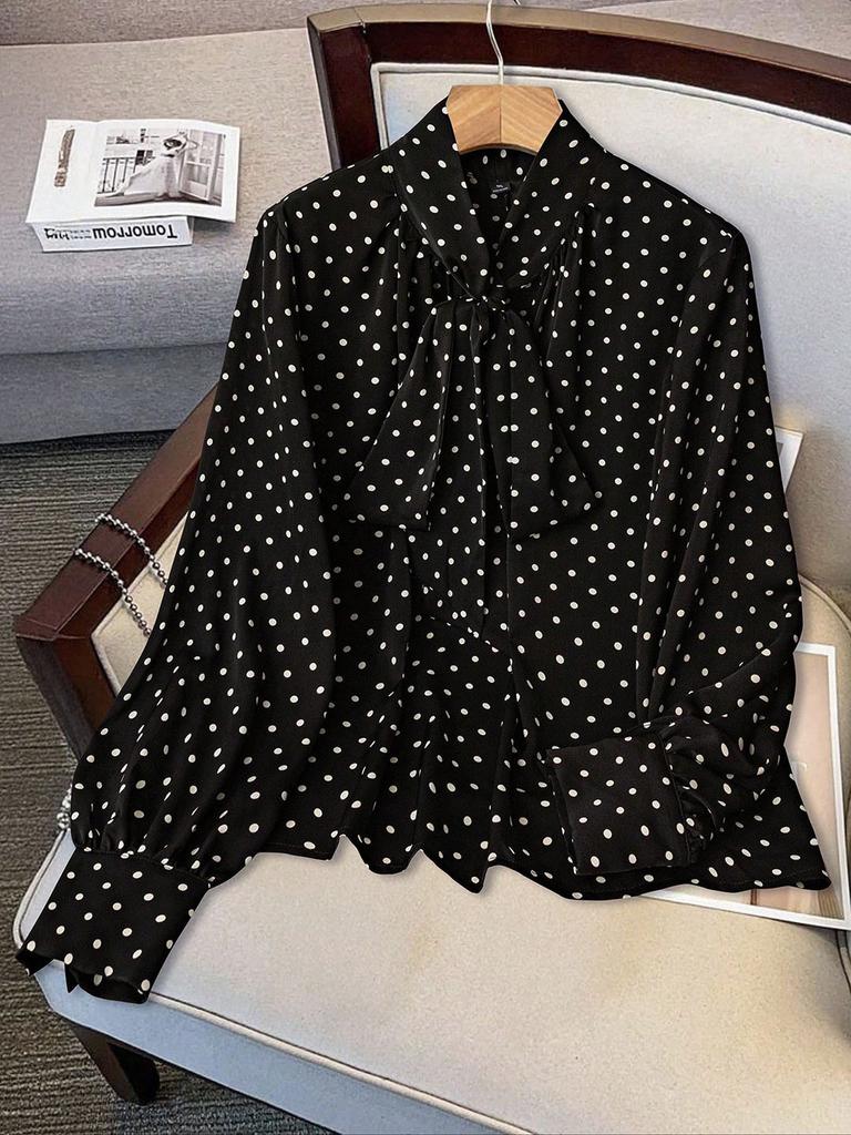1116 Large Size Vintage Polka Dot Ribbon Shirt Bow Neck Bubble Sleeve Belly Cover Versatile Chiffon Top