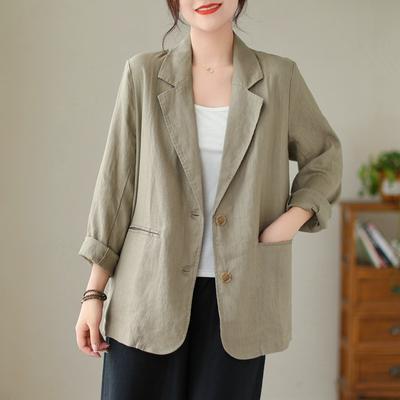 Autumn Vintage Long Sleeve Cotton Linen Blazer Suits Casual Women Spring Thin Suit Jacket
