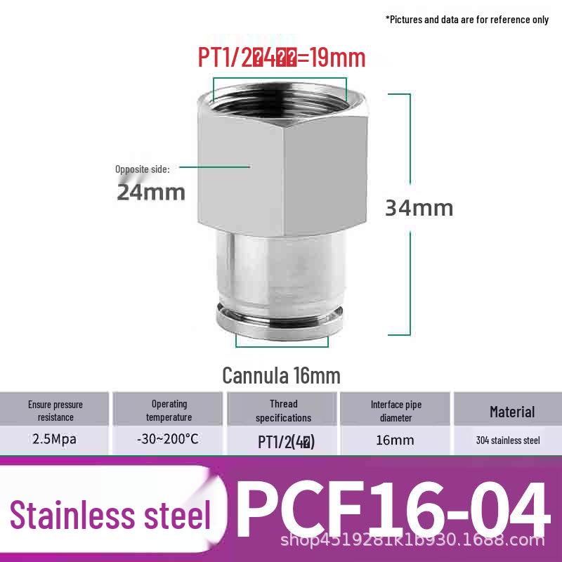 Zhuo Ji 304 Stainless Steel PCF8-02 Push-to-Connect Pneumatic Hose Quick Connector, High-Temperature Resistant, Internal Thread Straight Fitting