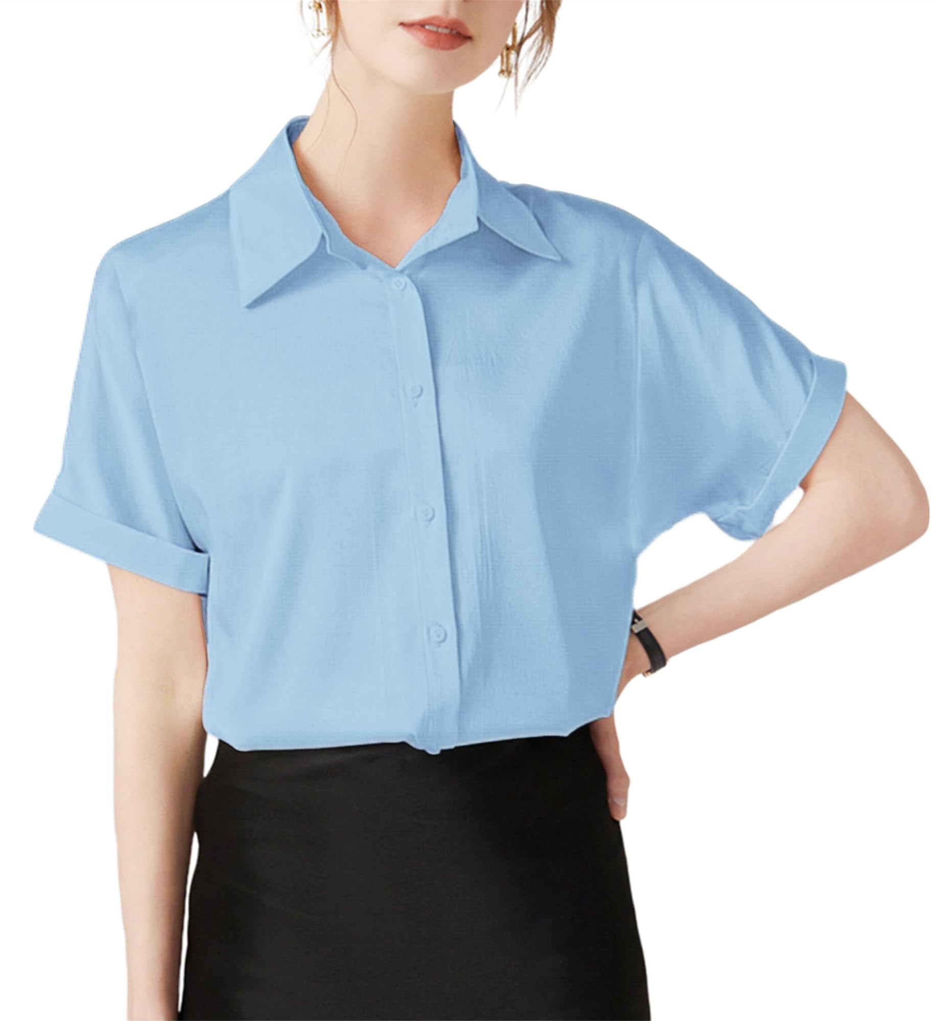 

SPRING SEAON Shirt Short No Loose Plus Business Work Light Size M Women s Blouse, Sleeve, Summer, Casual, Office, Iron, Wrinkle-Resistant, Fit, Sizes, светло-синий