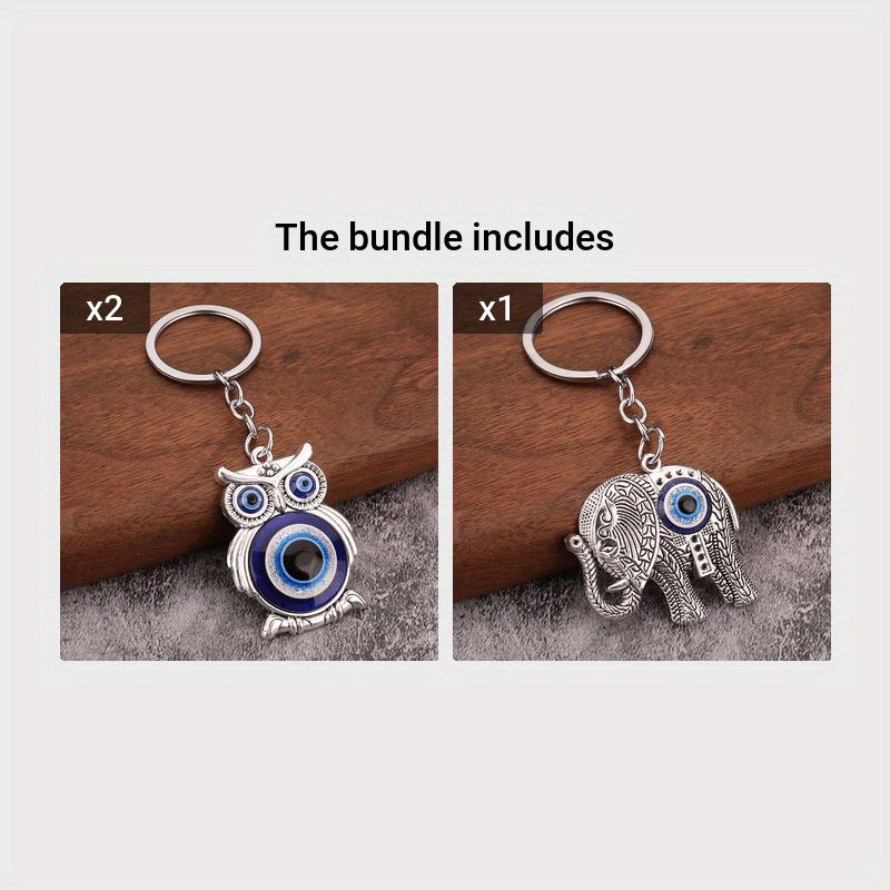 Bonne Chance Nazar Oeil Bleu Porte-clés Argenté Vintage Hibou Éléphant Main de Fatima Pendentif Porte-clés Talisman Bijoux Cadeau Pour Hommes Femmes