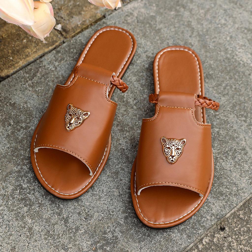 Large size women's flat-bottomed cool slippers spring and summer new hollow design solid color fish mouth women's shoes