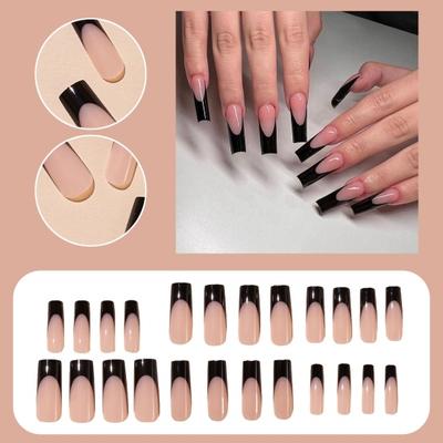 24Pcs Elegant French Nail Trendy Durable Rectangular Water Pipe Design Natural Fake Nails for Stylish Look