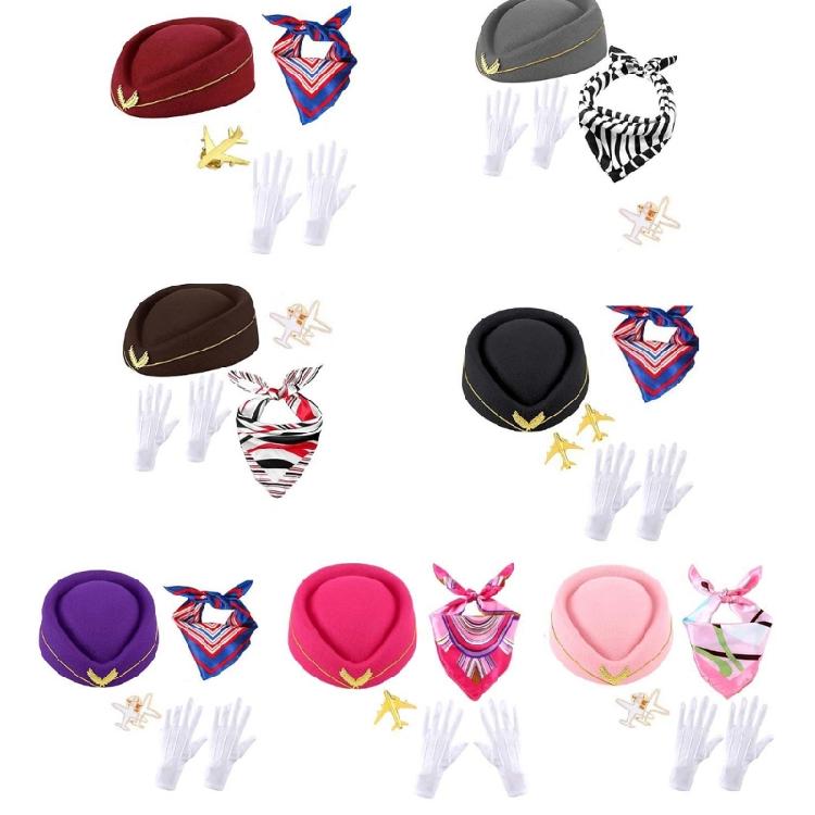 Flight Attendant Costume Accessories Women's Stewardess Outfit Air Hostess Cosplay Costume Stewardess Hat Gloves Scarf