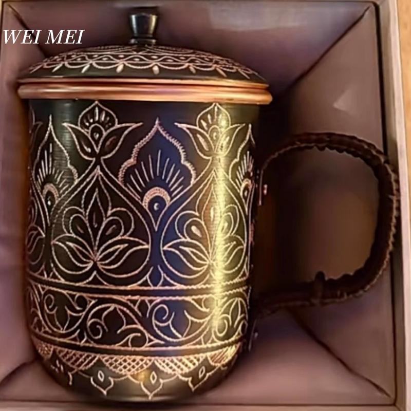 Pattern Random Vintage Pure Copper Mug,With lid Beer Cup,Handcrafted Carving Unique Flower Texture Art Gift Coffee Mug Tableware