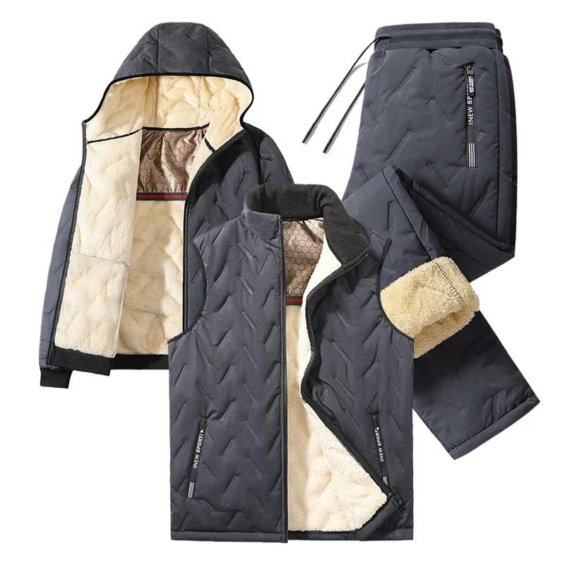 Mens Tracksuit Set Fashion Jogger Winter Graphene Fleece Warm Hooded Jacket Vest + Pants 3 Piece Male Casual Running Sports Suit