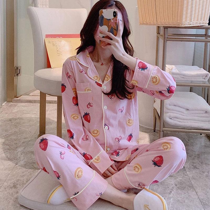Spring And Autumn Pajamas Women'S Cardigan Long-Sleeved Trousers Korean Girls' Simple Cartoon Loungewear Suit Can Be Worn Outside