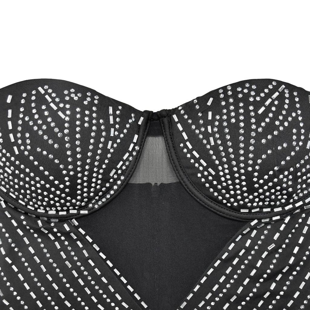 Women's Fashion Solid Mesh Crystal Long Sleeve Dress
