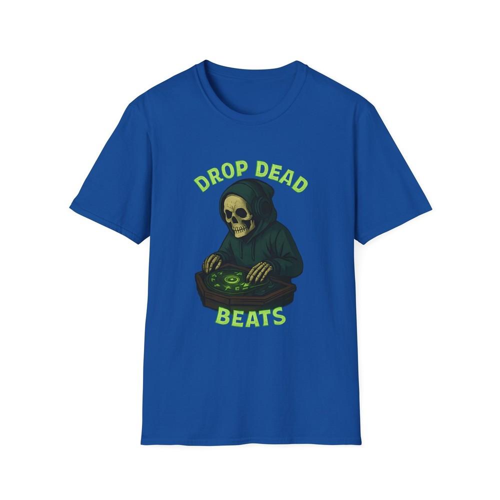 

Unisex Softstyle T-Shirt Drop Dead Beats DJ Skeleton Coffin Halloween Tee L