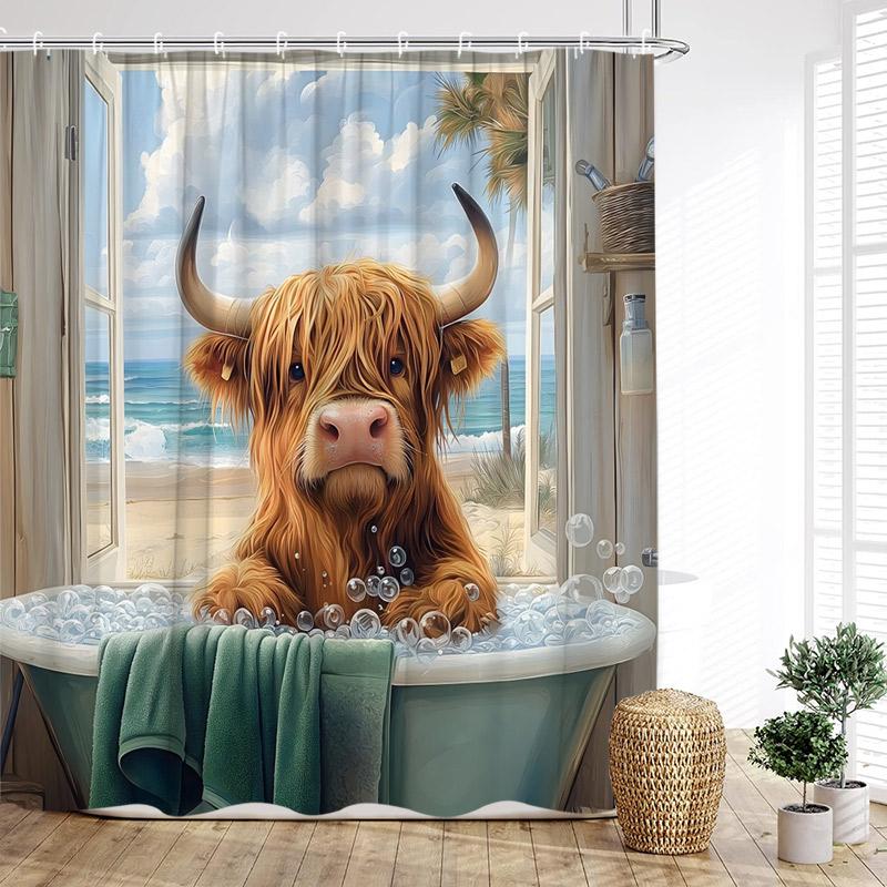 Funny Bathing Highland Cattle Shower Curtains Blue Bathtub Bath Curtain Window Ocean Landscape Bathroom Decoration with Hooks