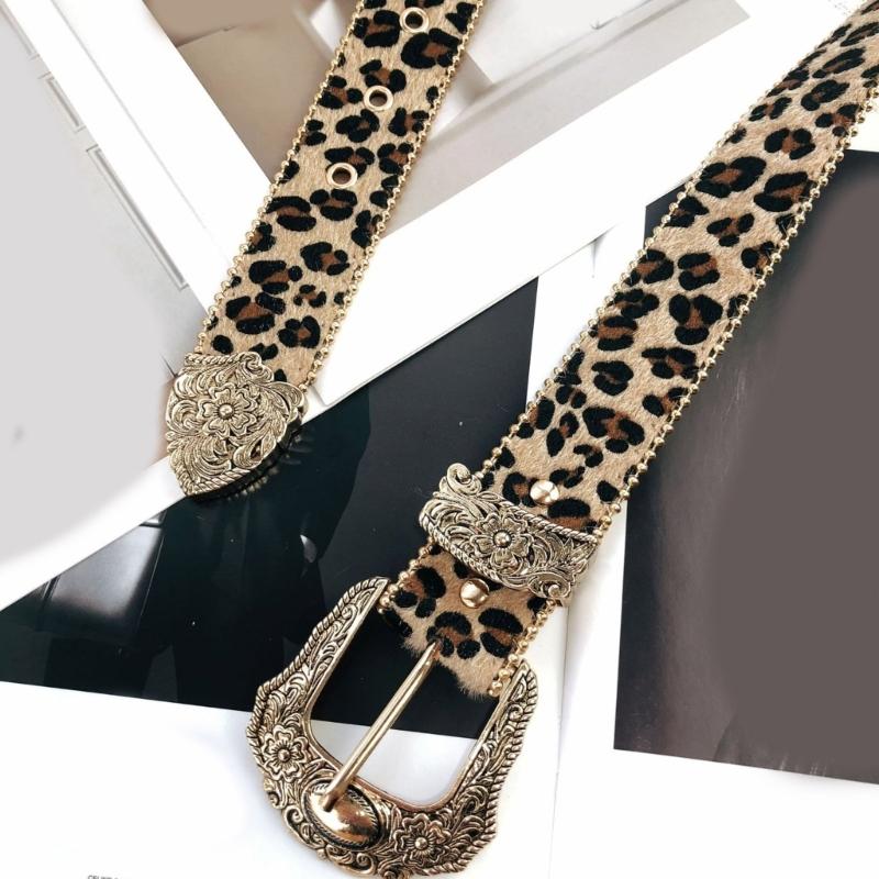 Fashion Leopard Print Belt Girl Metal Buckles Belt 2000s Waistband Ethnic Waistbelt Bead Trim Belt Aesthetic Buckles Belt