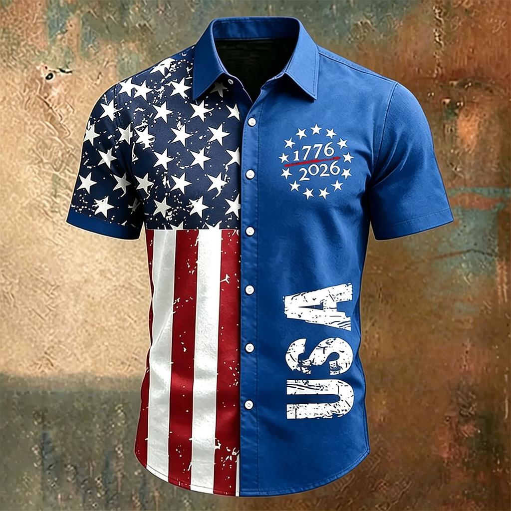 Men's Short Sleeve Collared Casual Shirt with USA Letter Print and Independence Day Theme Button Down Design for Spring Summer