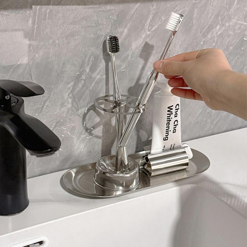 3Pcs Stainless Steel Toothbrush And Toothpaste Holder Tray Home Storage Organizer Bathroom Accessories Lazy Tube Squeezer