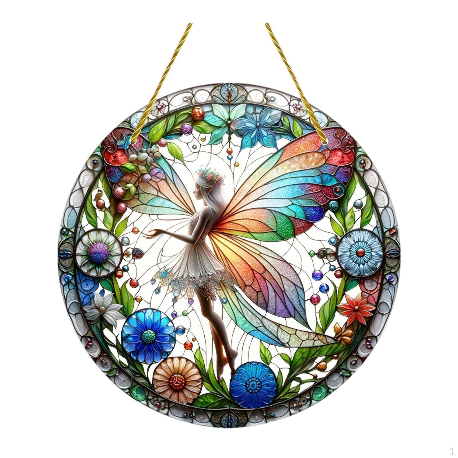 

2D Fairy with Wing Hanging Plaque Ornament Round 7.8inch Colorful Rope for Corridor Balcony