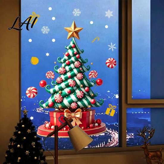 Weatherproof Balcony Stickers Christmas Tree Window Decals Candy Striped Snowflake Wall Stickers Waterproof Festive Home Decor PVC Removable