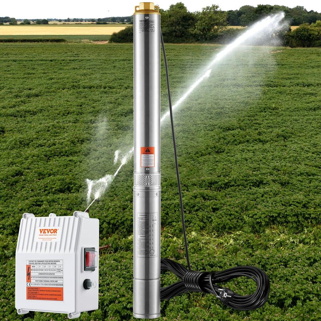 Bomba Sumergible para Pozos Profundos 1500W de Potencia 9.8 m³/h Caudal Máximo 108m Altura Máxima Bomba de Agua de Acero Inoxidable IP68 Impermeable con Caja de Control Externa para