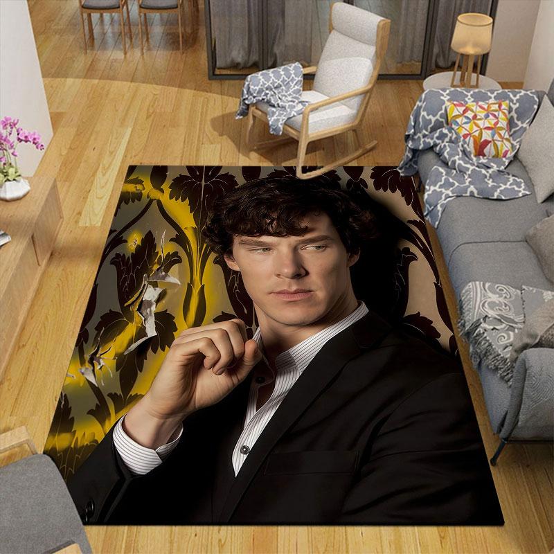 Sherlock Holmes Flannel Printed Carpet, Home Sofa Decoration for Living Room & Bedroom, Non‑Slip Play Flannel Floor Mat for Game Room