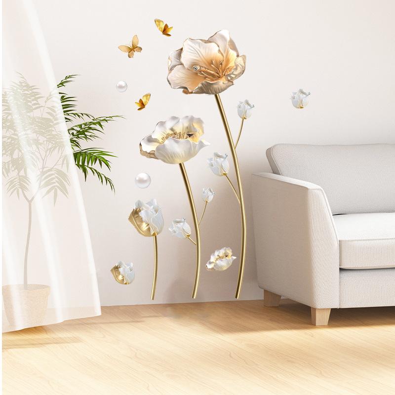 Creative Chinese Style Tulip Wall Sticker Self Adhesive Elegant Simulated Flower Decal for Bedroom Bedside TV Background Wall Decor