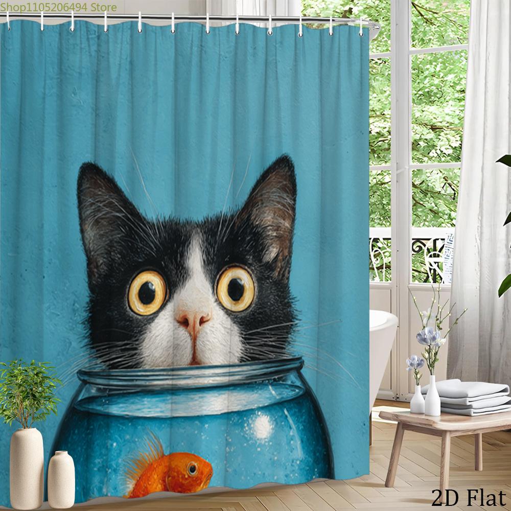 Cute Cat Staring At Goldfish Shower Curtain Machine Washable All Season Waterproof Privacy Protection Animal Design Fun 12Hooks