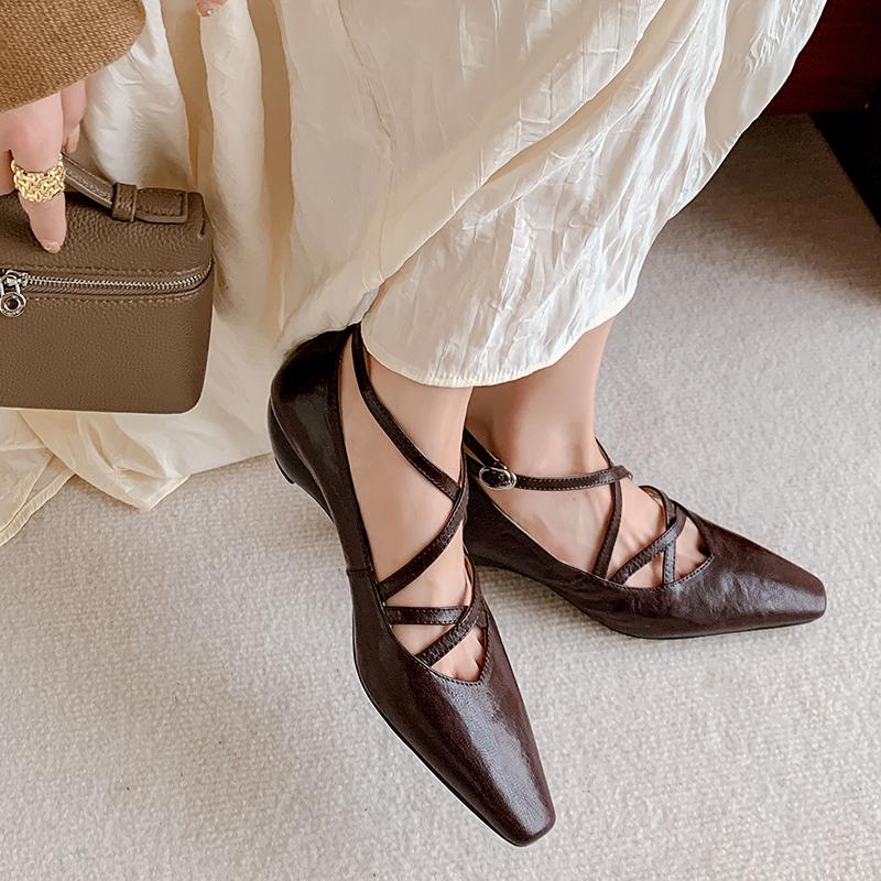 2024 Women Pumps Mature Genuine Leather Spring Summer New Shoes Woman Buckle Strap Office Lady Working Pumps Rome Style Shoes