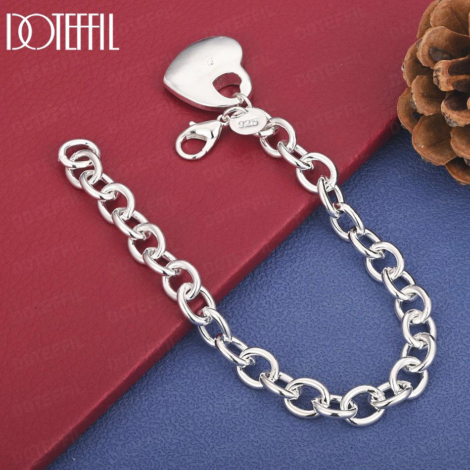

925 Sterling Silver O-shaped Chain Heart Pendant Bracelet Gift Wedding Fashion Jewelry 20cm