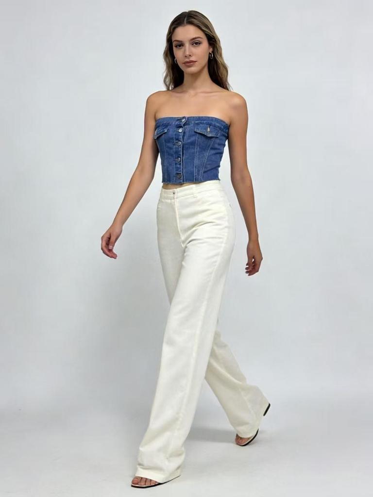 Blue Slim-Fit Denim Bandeau Top