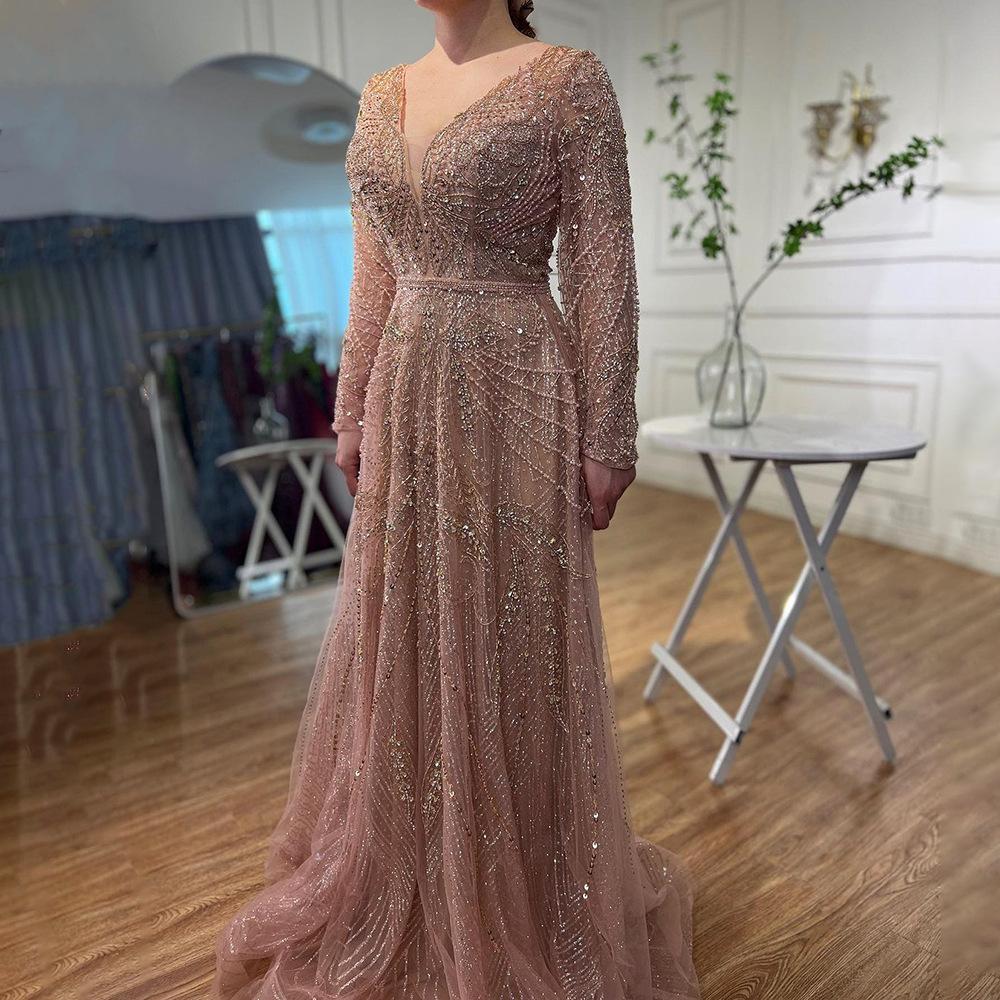 Serene hill rose gold V-neck long sleeves, slim and elegant banquet host evening dress LA10181L