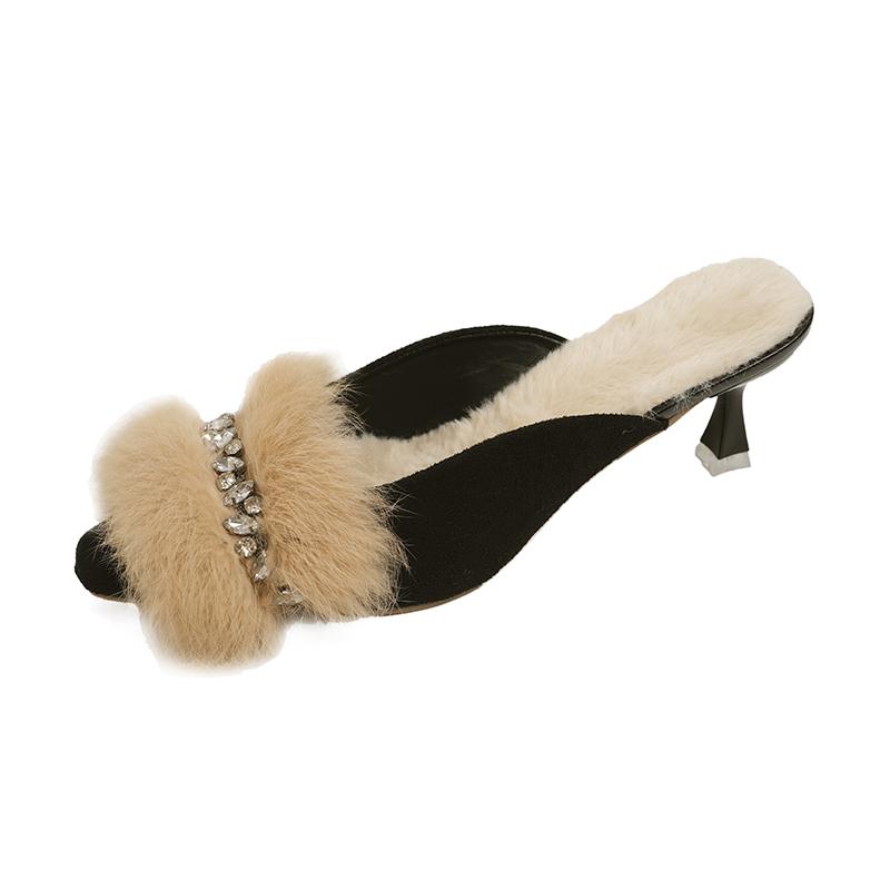 Baotou Slippers Autumn New Pointed Toe Shallow Suede Rhinestone Plush Non-slip High Heels