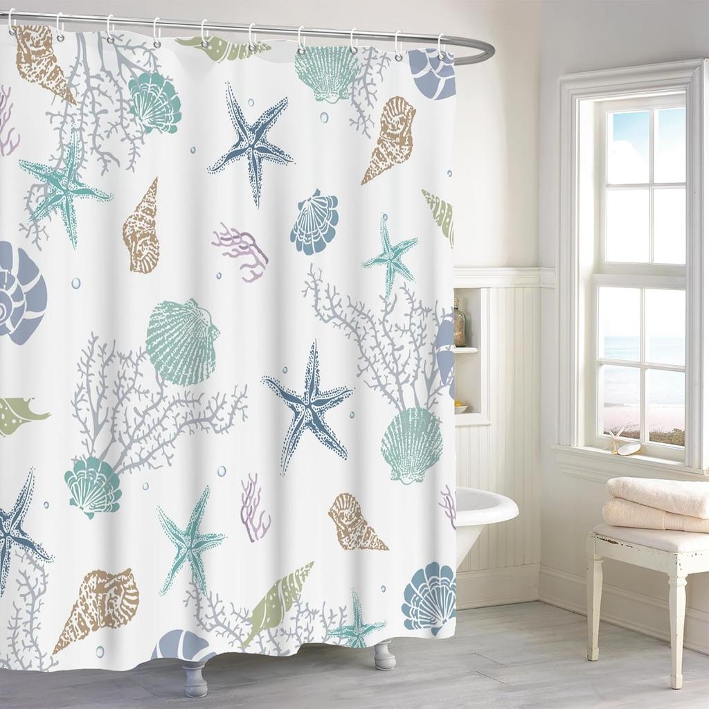 Ocean Theme Shower Curtain, Starfish Coral Nautical Coastal Shower Curtain Set for Bathroom, Nautical Marine Theme Seashell Conch Fabric Bath Curtain