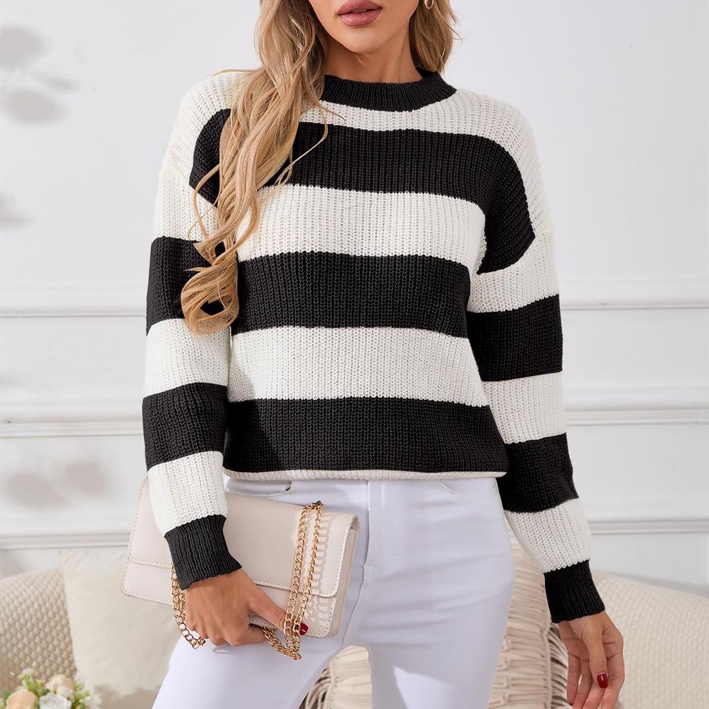 Pulover cu dungi pentru femei, larg și relaxat, pulover cu mâneci lungi, top tricotat cu gât rotund
