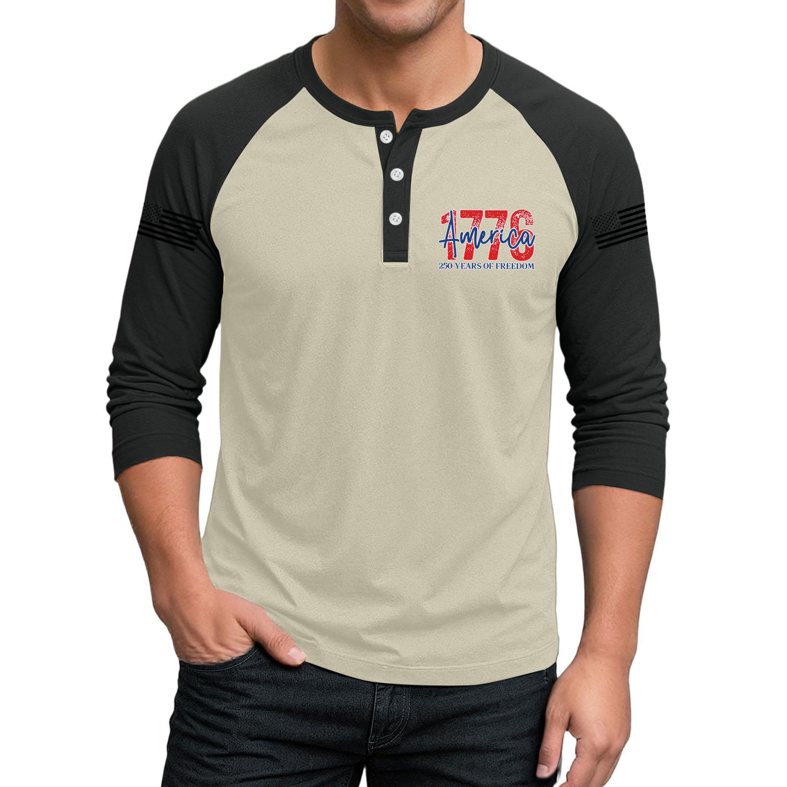 Men s Button-Down Contrast Raglan 3/4 Sleeve Top L
