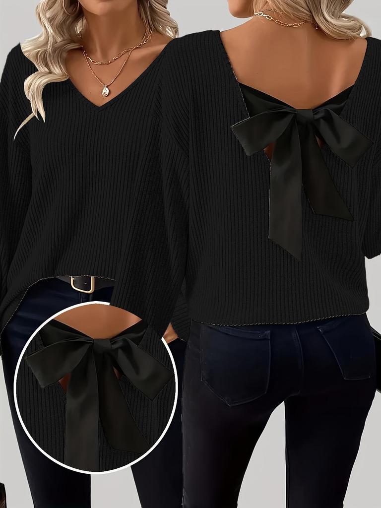 New Autumn Women's V-Neck Solid Sweater with Long Sleeves and Loose Bow Detail