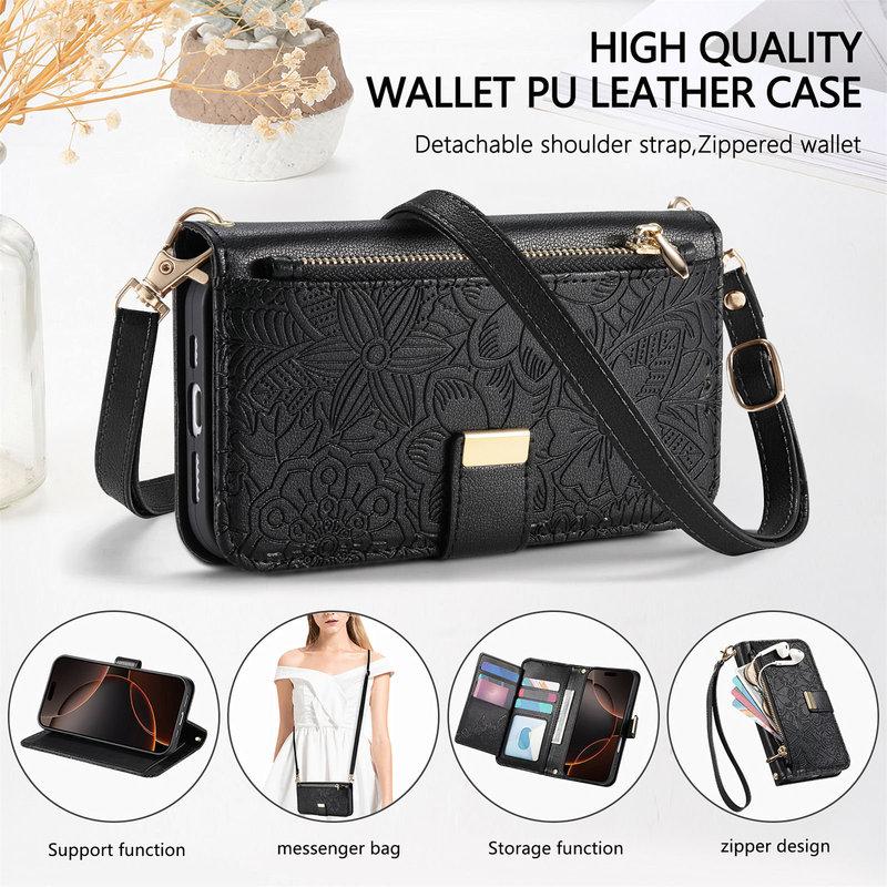 PU Leather Zipper Crossbody Flip Wallet Card Slot Phone Case For Samsung Galaxy S25 Plus S24 FE S23 Ultra S22 Wrist Strap Cover