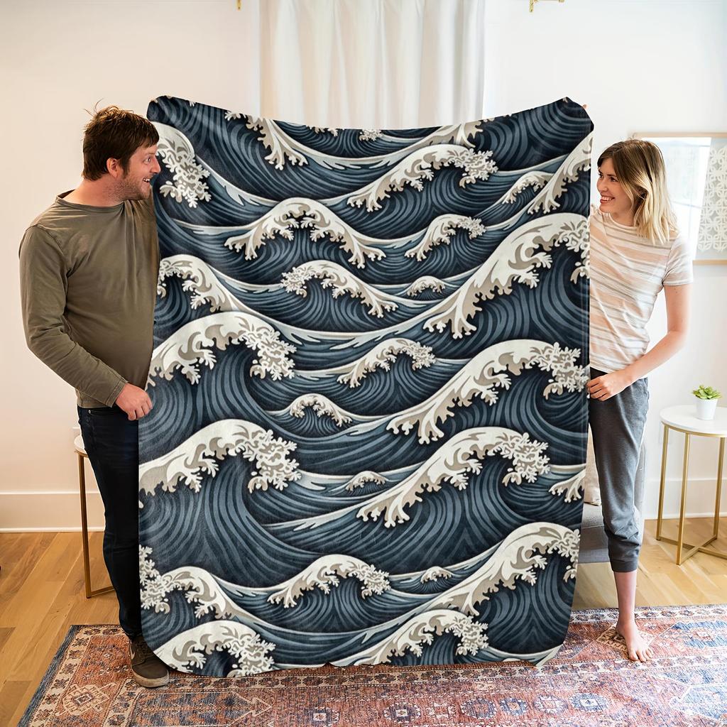 1pc Modern Japanese-style wave pattern blanket, made of polyester fabric, machine washable suitable for sofas, beds or as a gift