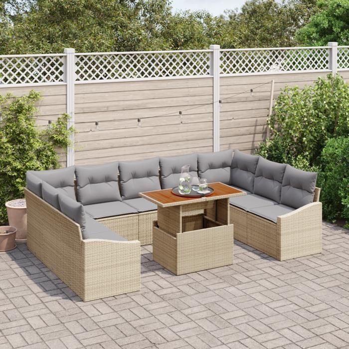 VidaXL Ensemble de salle à manger de jardin de 10 pièces avec coussins en rattan poly beige 3349881