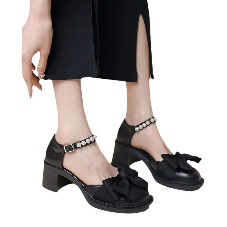 Schleife Perlenbeutel Kopf Sandalen Damen 2025 Sommer neu ins mit Rock vielseitige Fee hoher Absatz Römerschuhe