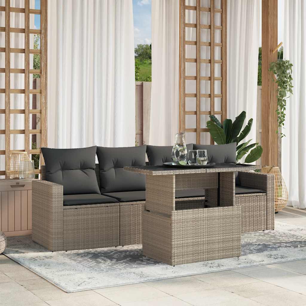 5 Piece Garden Sofa Set with Cushions Light Grey PE Rattan