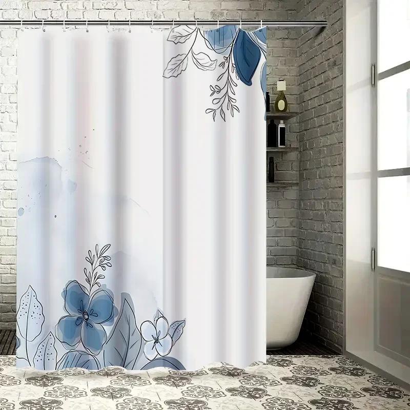 Blue Floral Design Shower Curtain for Bathroom - Waterproof and Durable with Rust-Proof Hook Suitable for Wet and Dry Separation