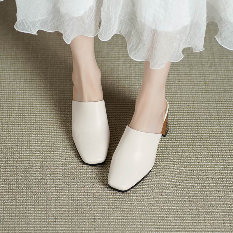 Krazing Pot Mules Cow Skin Basic Clothing Spring Summer Size 43 Size 42 Sandals Women Thick Heels Women Square Toe Slip On Pumps